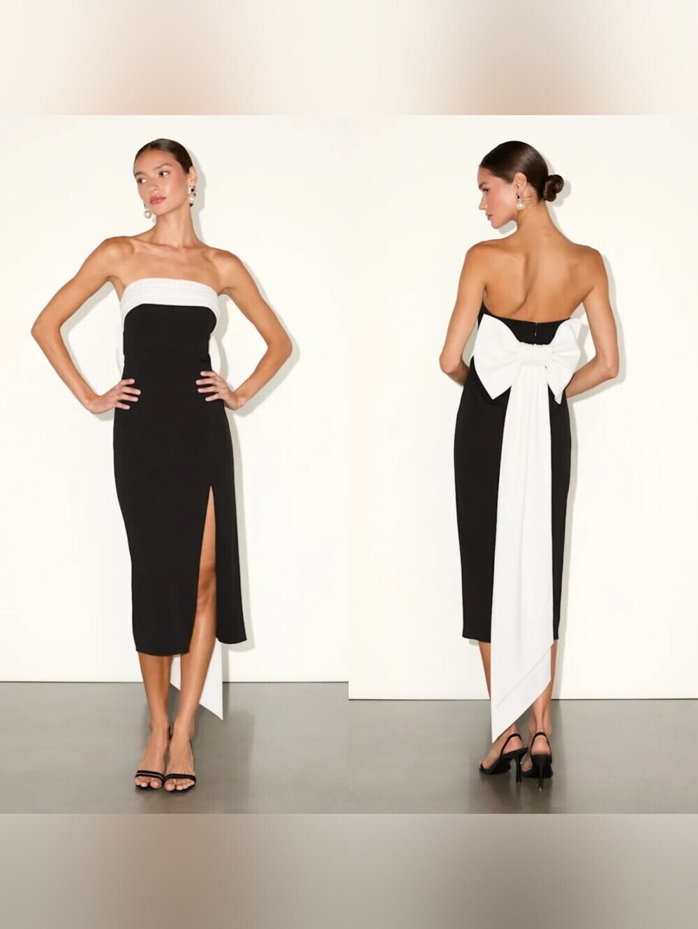 Lulus Fabulous Phenomenon Black and White Strapless Bow Midi Dress Wedding